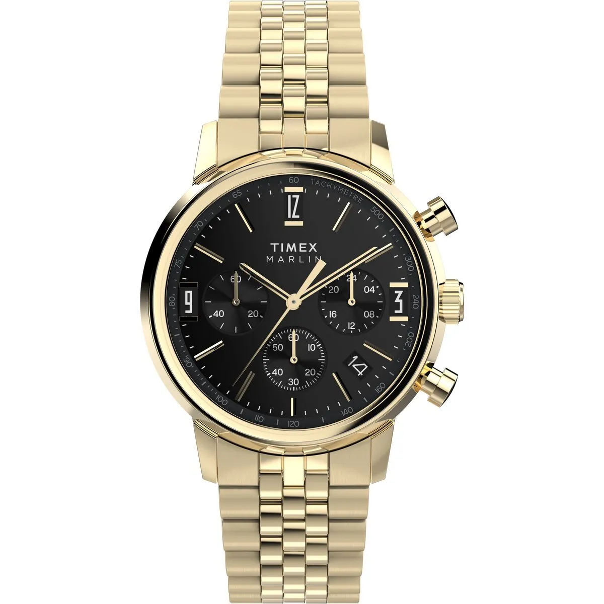 Goldfarbene Chronographenuhr mit schwarzem Zifferblatt