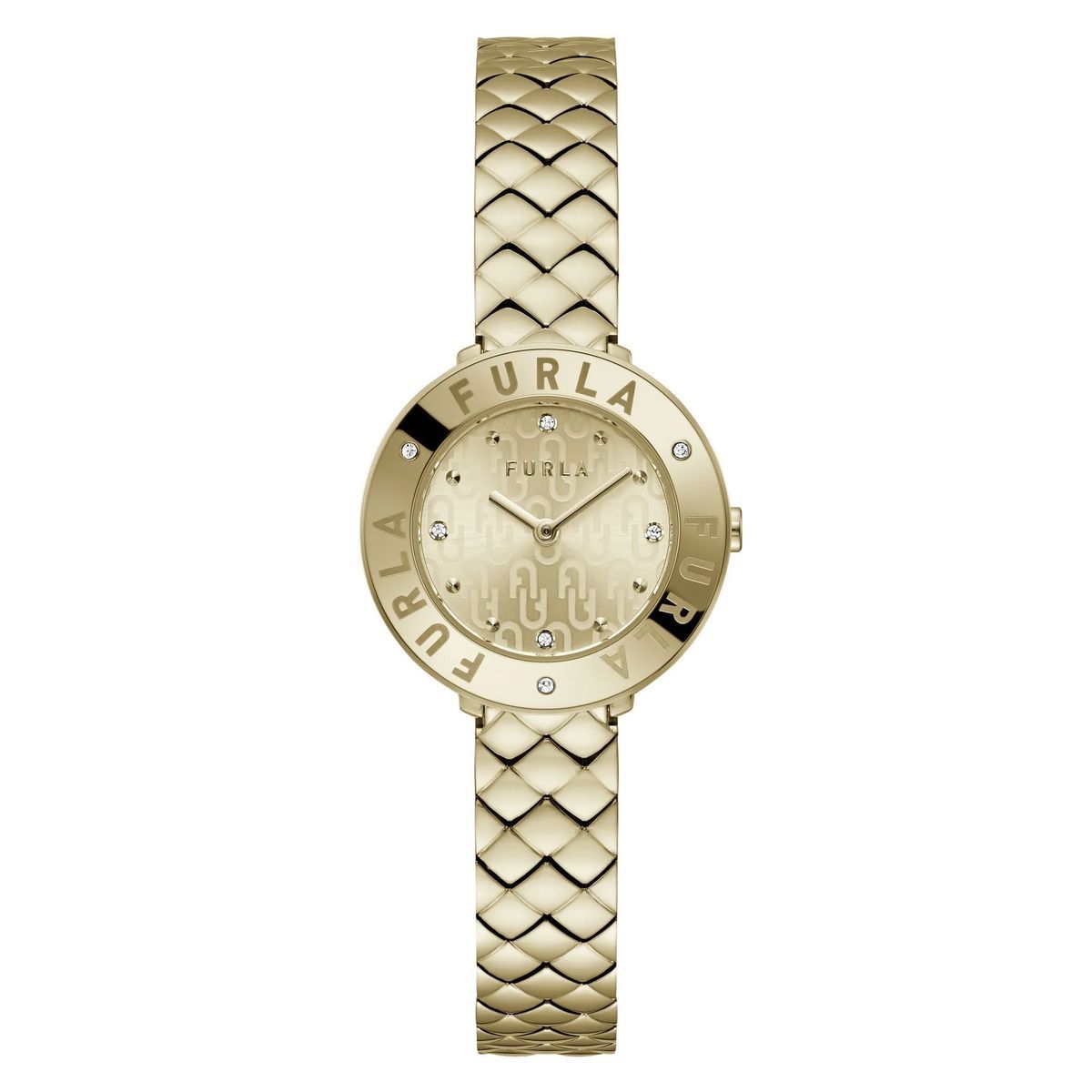 Elegante goldfarbene Armbanduhr mit Webmuster