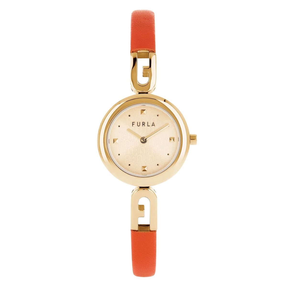 Orangefarbene Armbanduhr mit Lederarmband