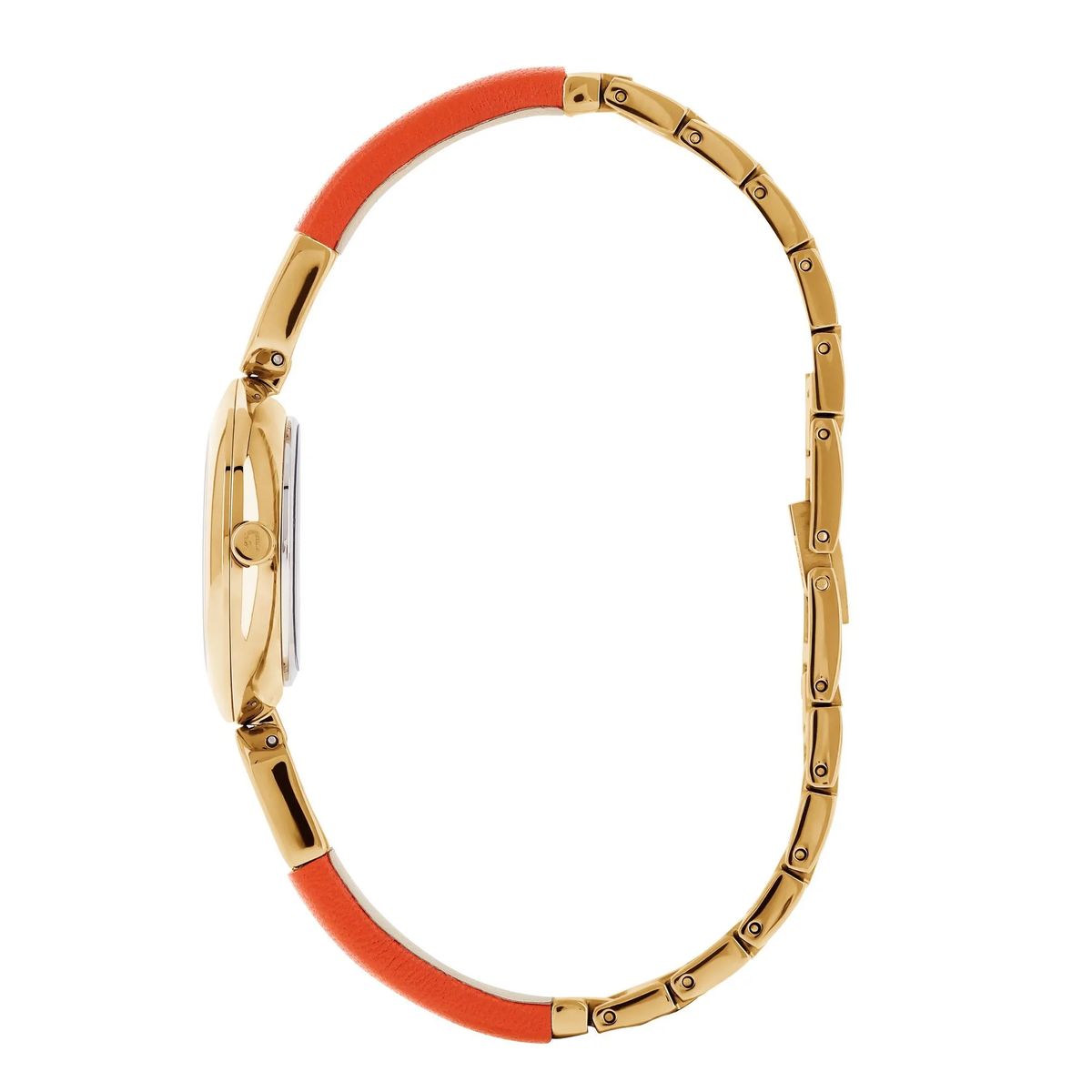 Orangefarbene Armbanduhr mit Lederarmband