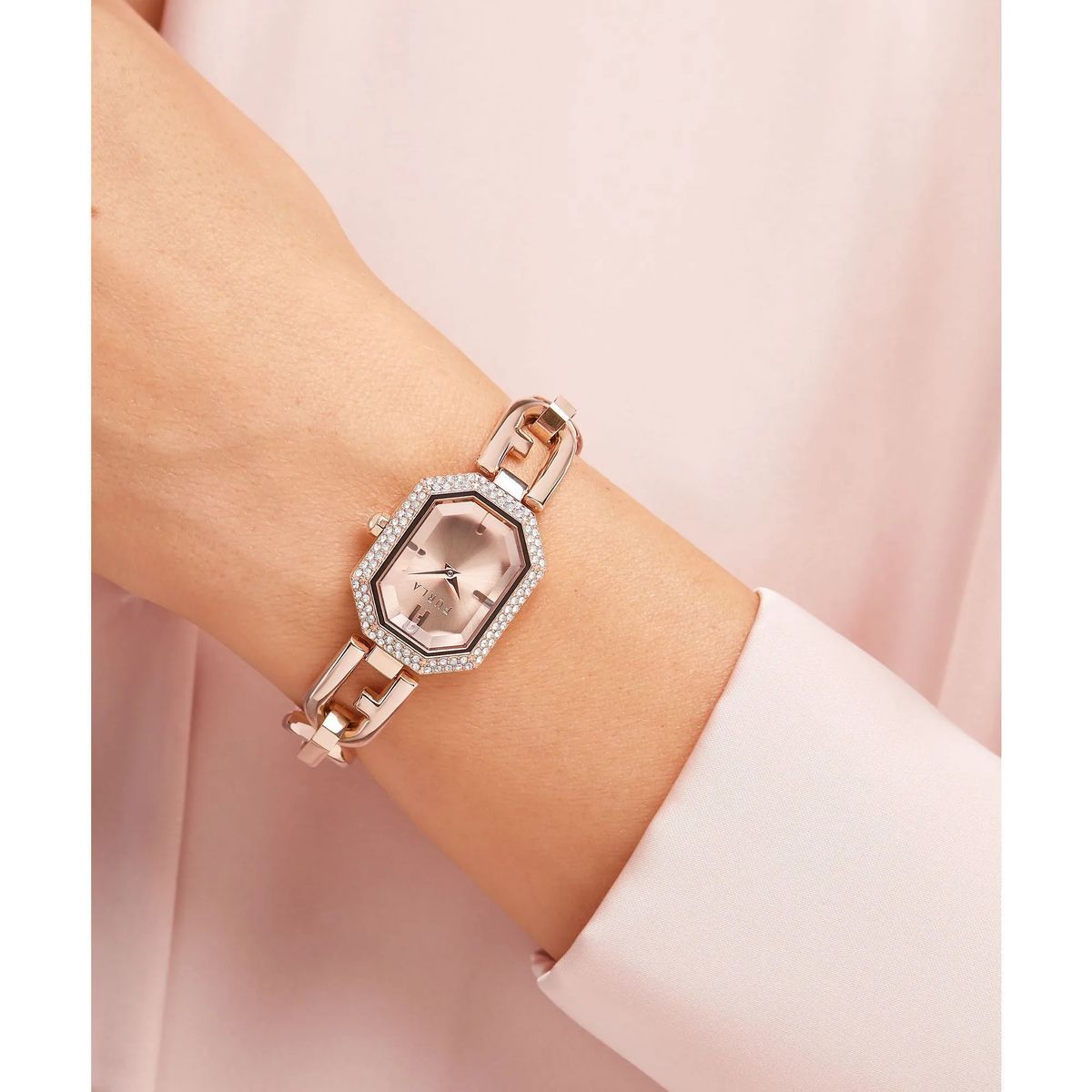 Rosegoldfarbene achteckige Damenuhr