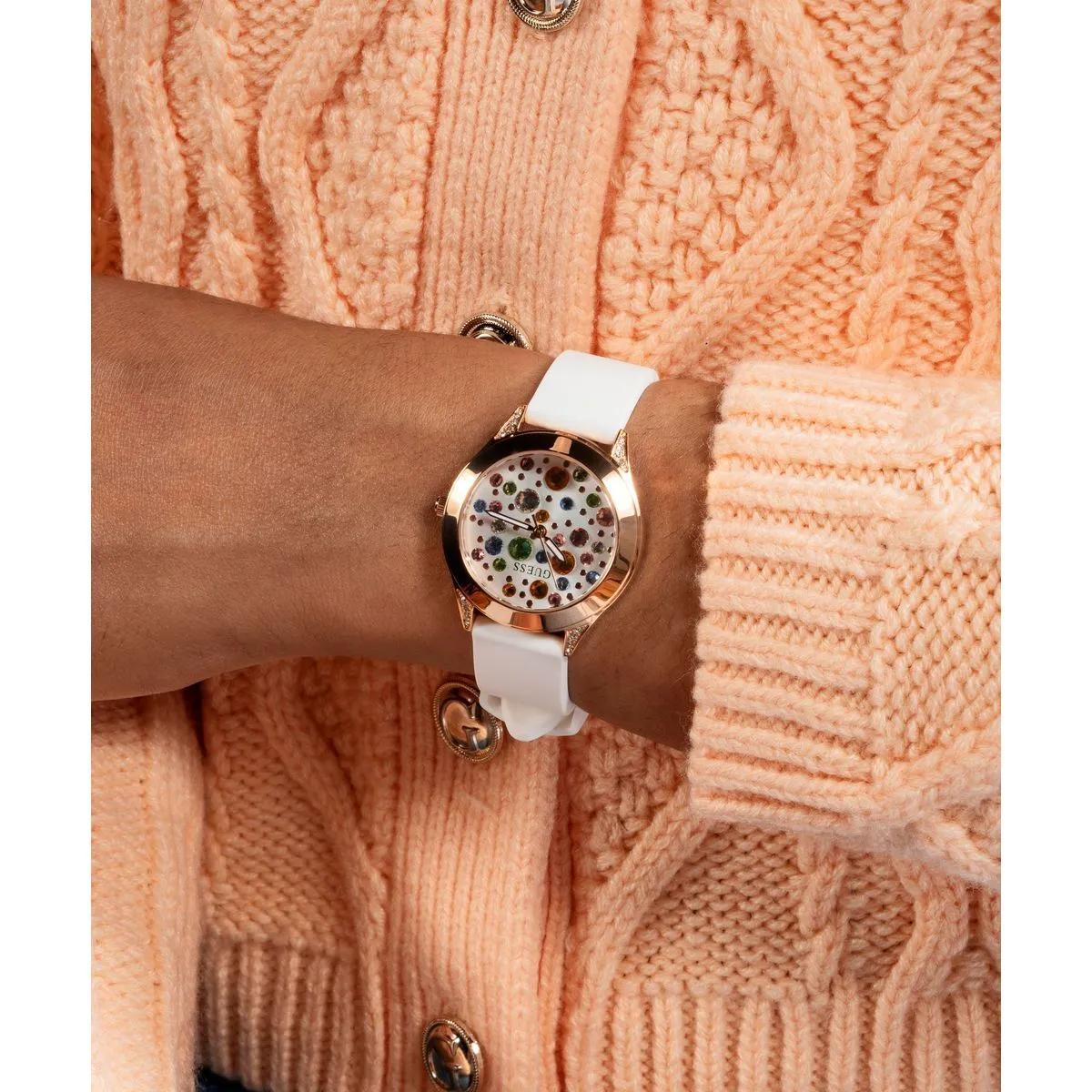 Bunte Kristall Analog Uhr mit weißem Armband