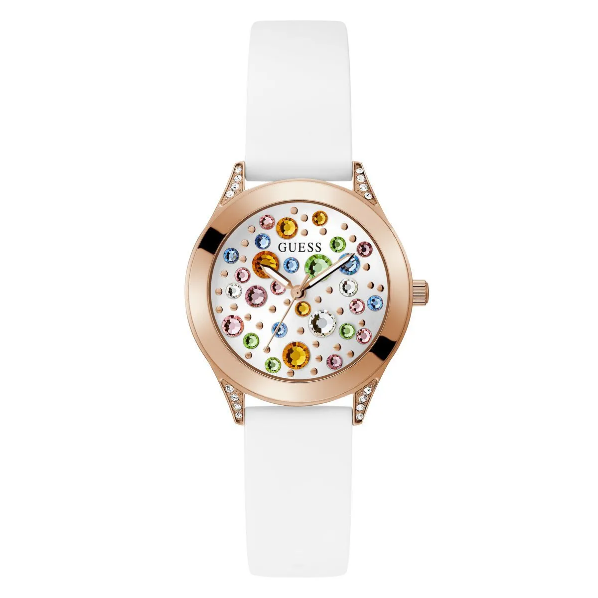 Bunte Kristall Analog Uhr mit weißem Armband
