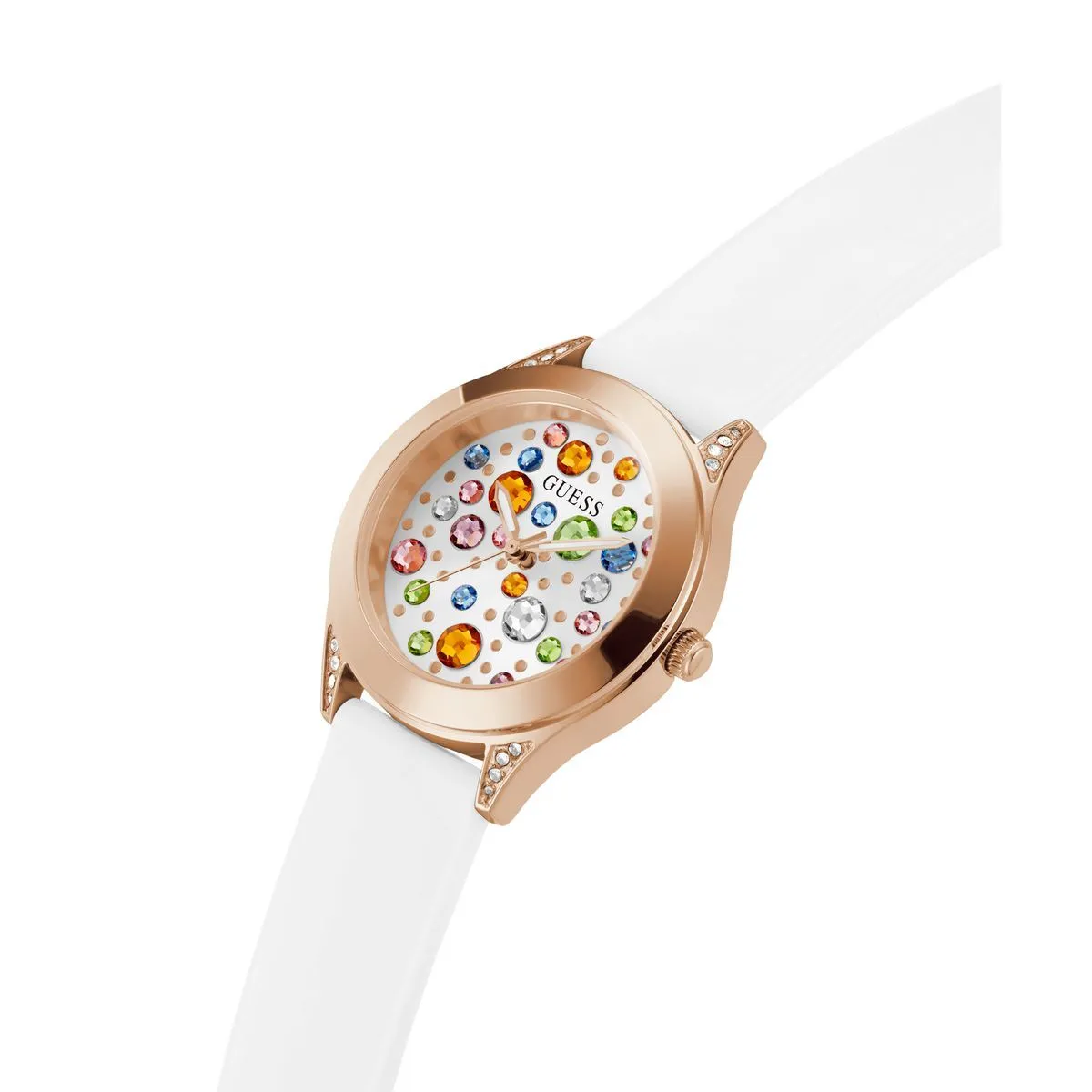 Bunte Kristall Analog Uhr mit weißem Armband