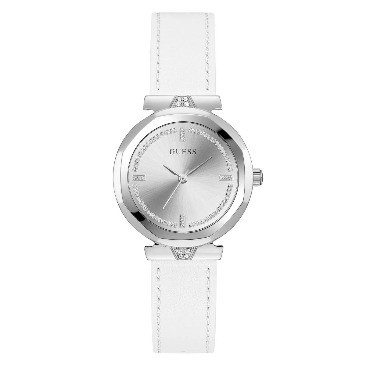 Silberfarbene Uhr mit weißem Armband
