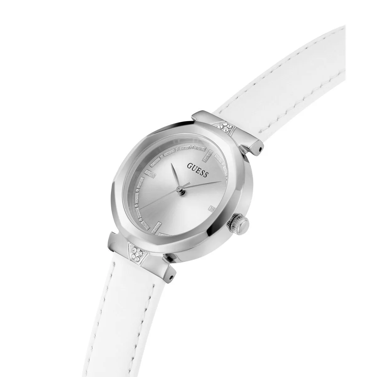 Silberfarbene Uhr mit weißem Armband
