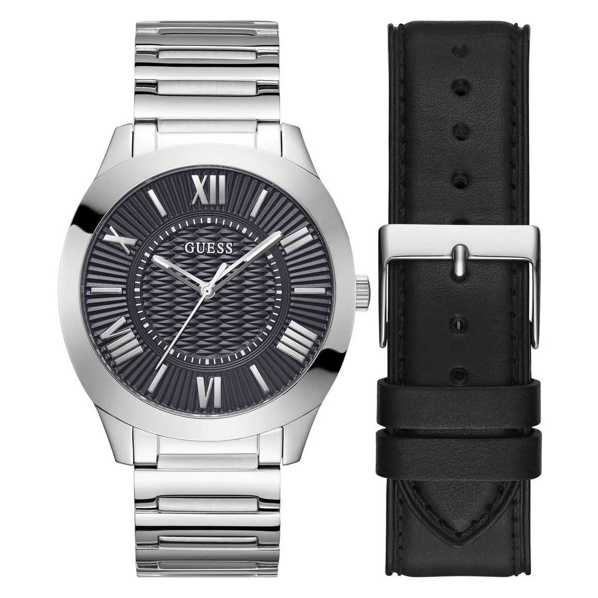 Silberfarbene Uhr mit schwarzem Lederarmband