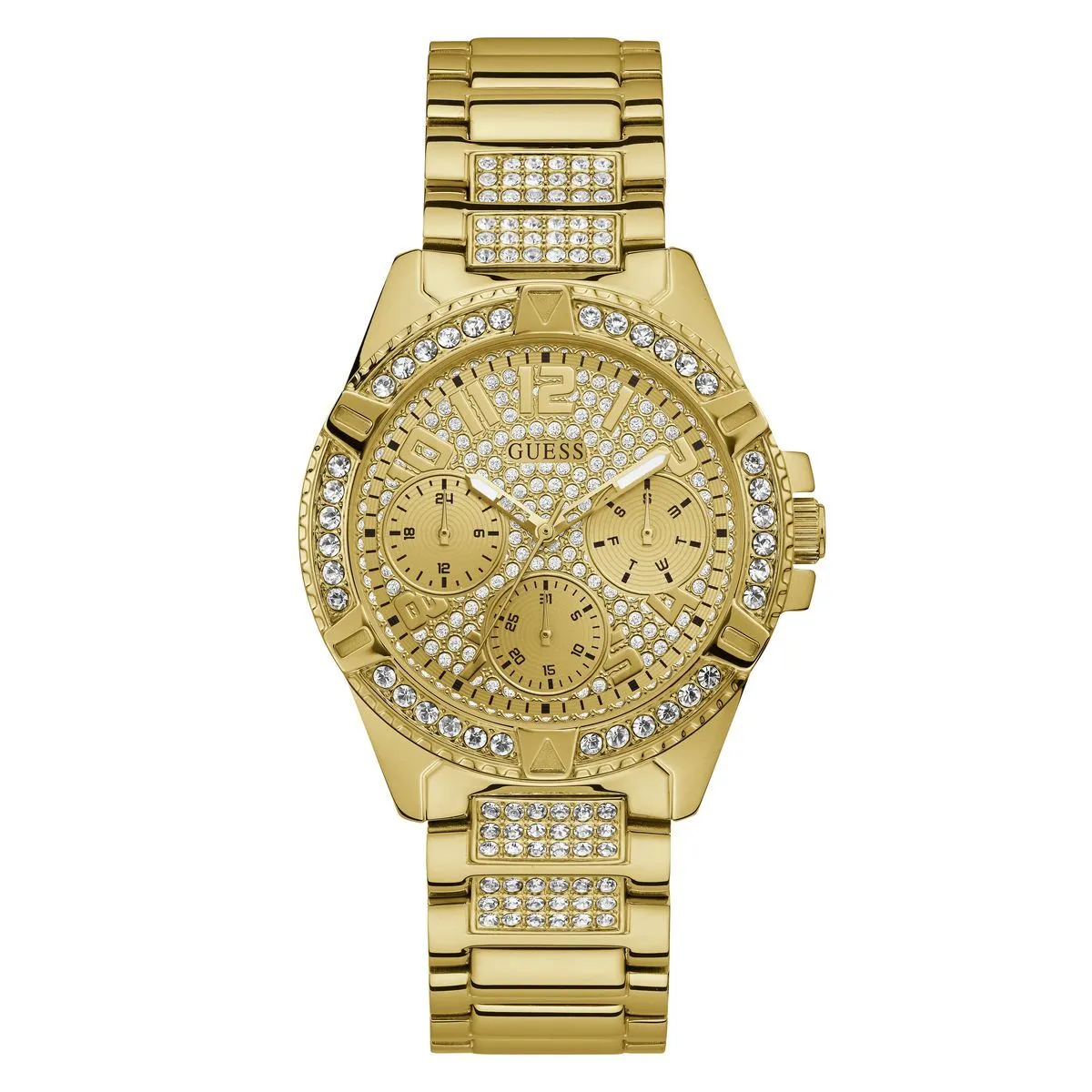 Goldfarbene Chronograph Damenuhr mit Kristallen