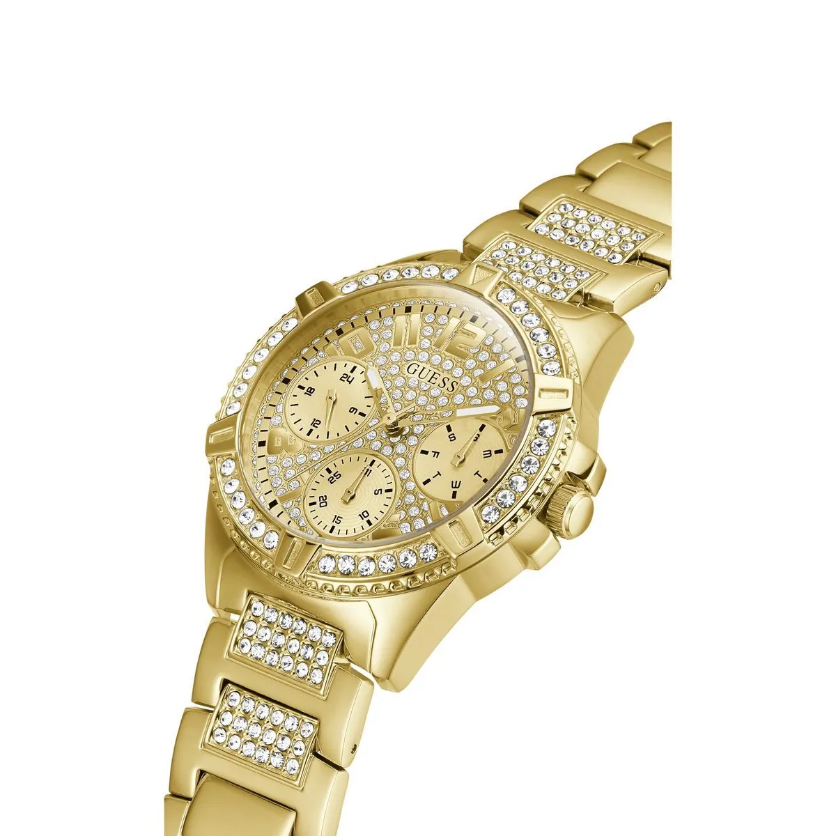 Goldfarbene Chronograph Damenuhr mit Kristallen