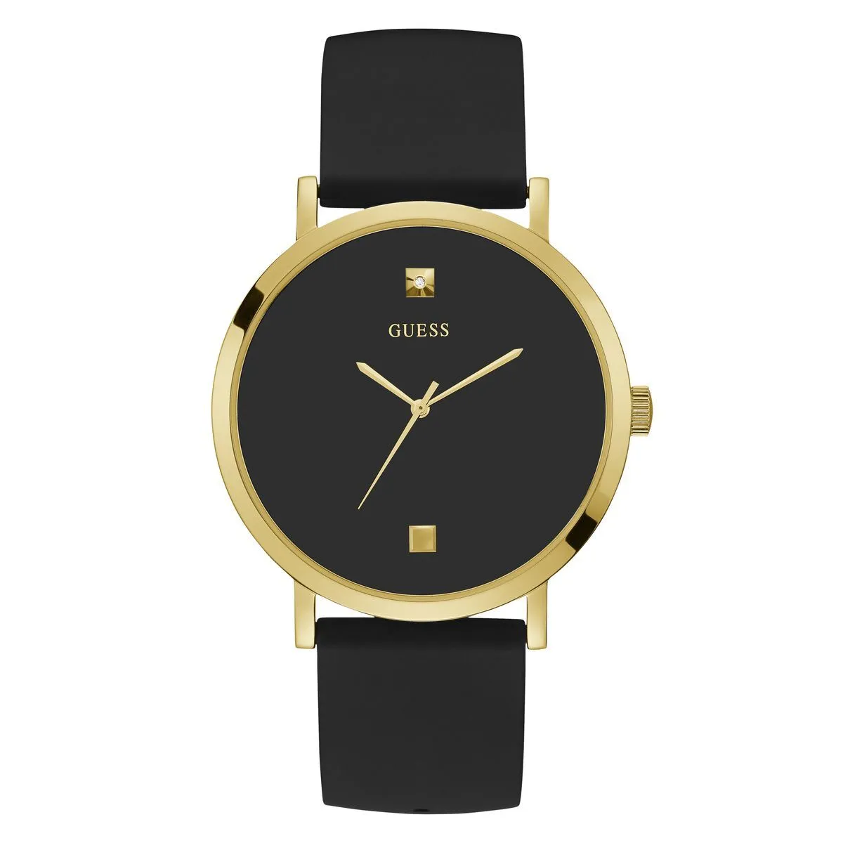 Goldfarbene Uhr mit schwarzem Zifferblatt und Silikonarmband