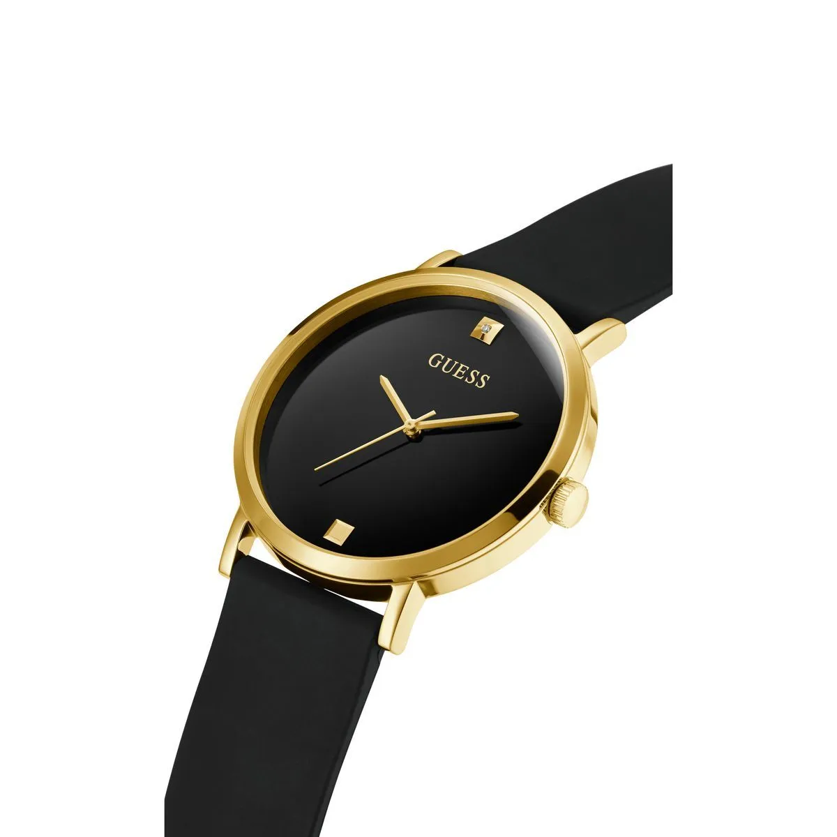 Goldfarbene Uhr mit schwarzem Zifferblatt und Silikonarmband