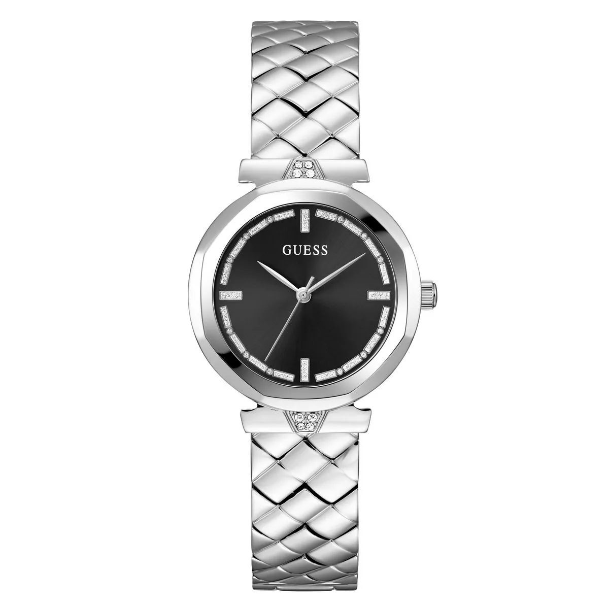 Silberfarbene Damen-Armbanduhr mit gestepptem Armband