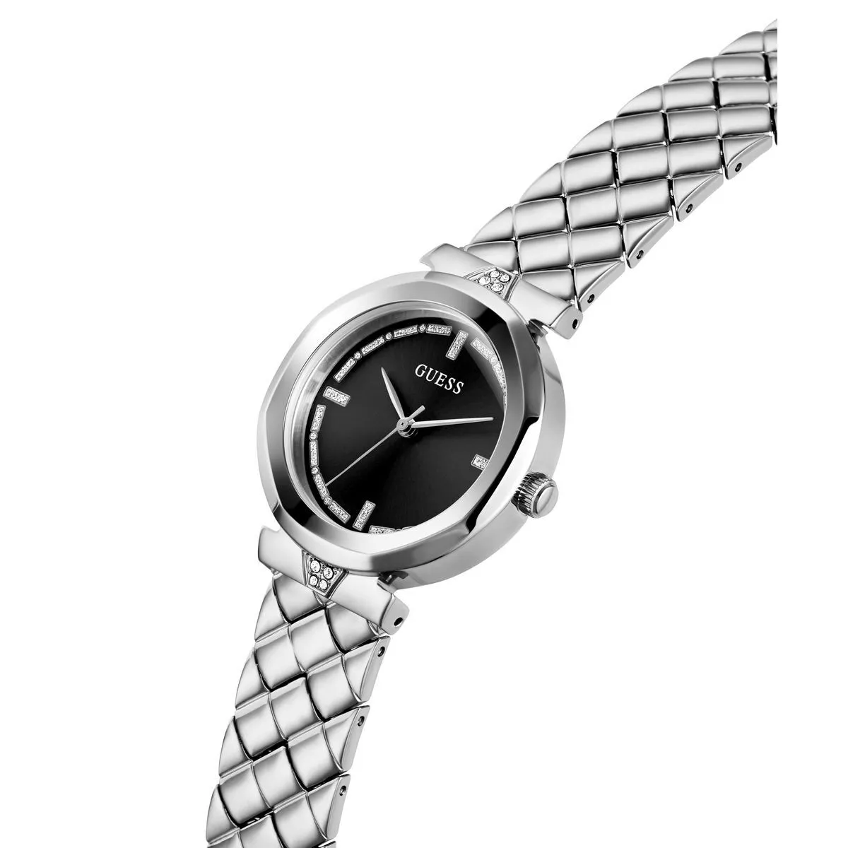 Silberfarbene Damen-Armbanduhr mit gestepptem Armband