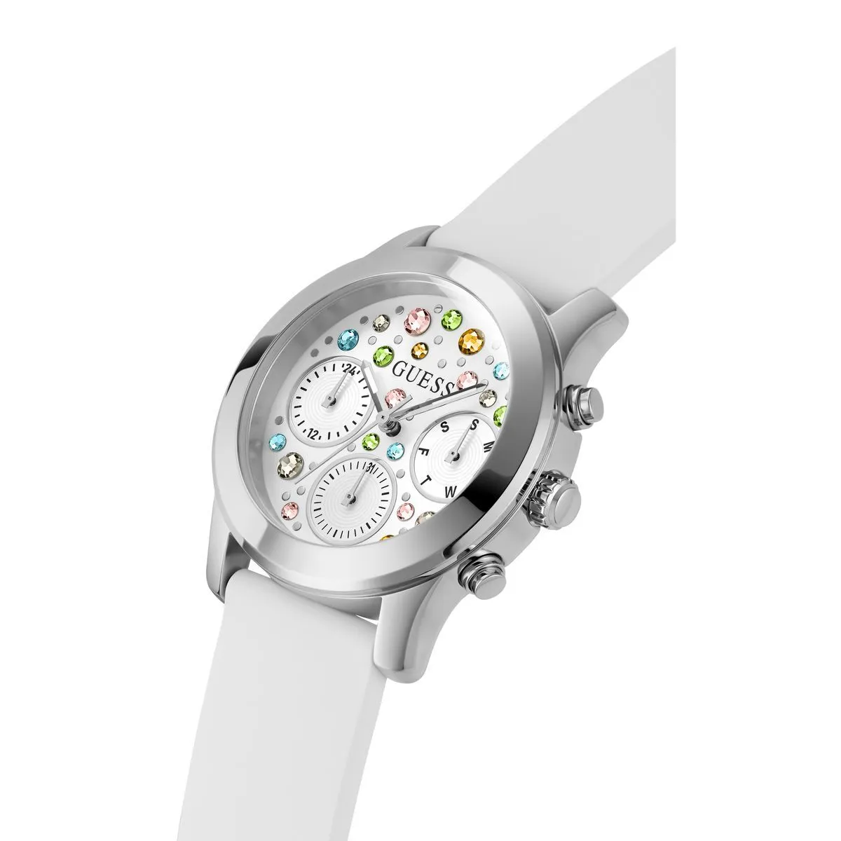 Multifunktionsuhr mit Kristallakzenten und weißem Armband