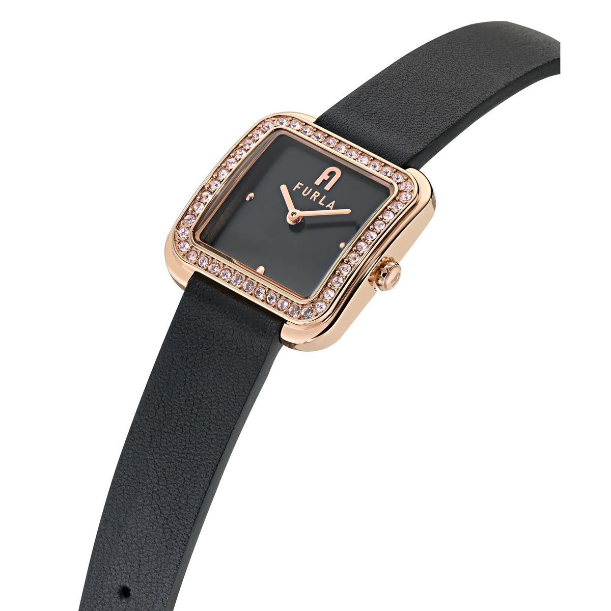 Quadratische schwarze Lederuhr mit Kristallen