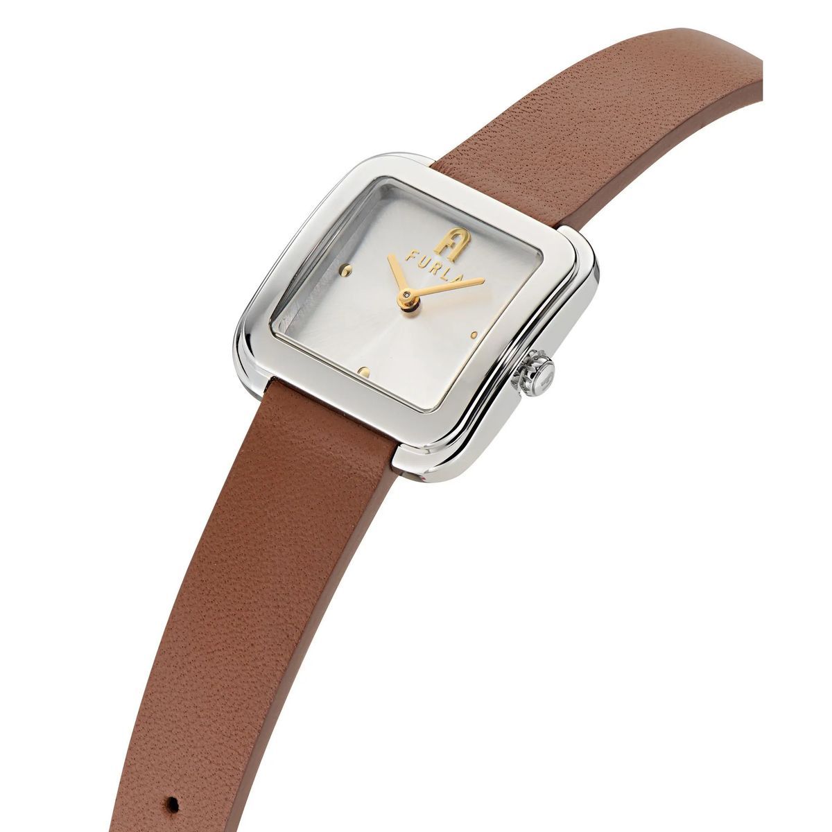 Silberne, quadratische Armbanduhr mit Lederarmband