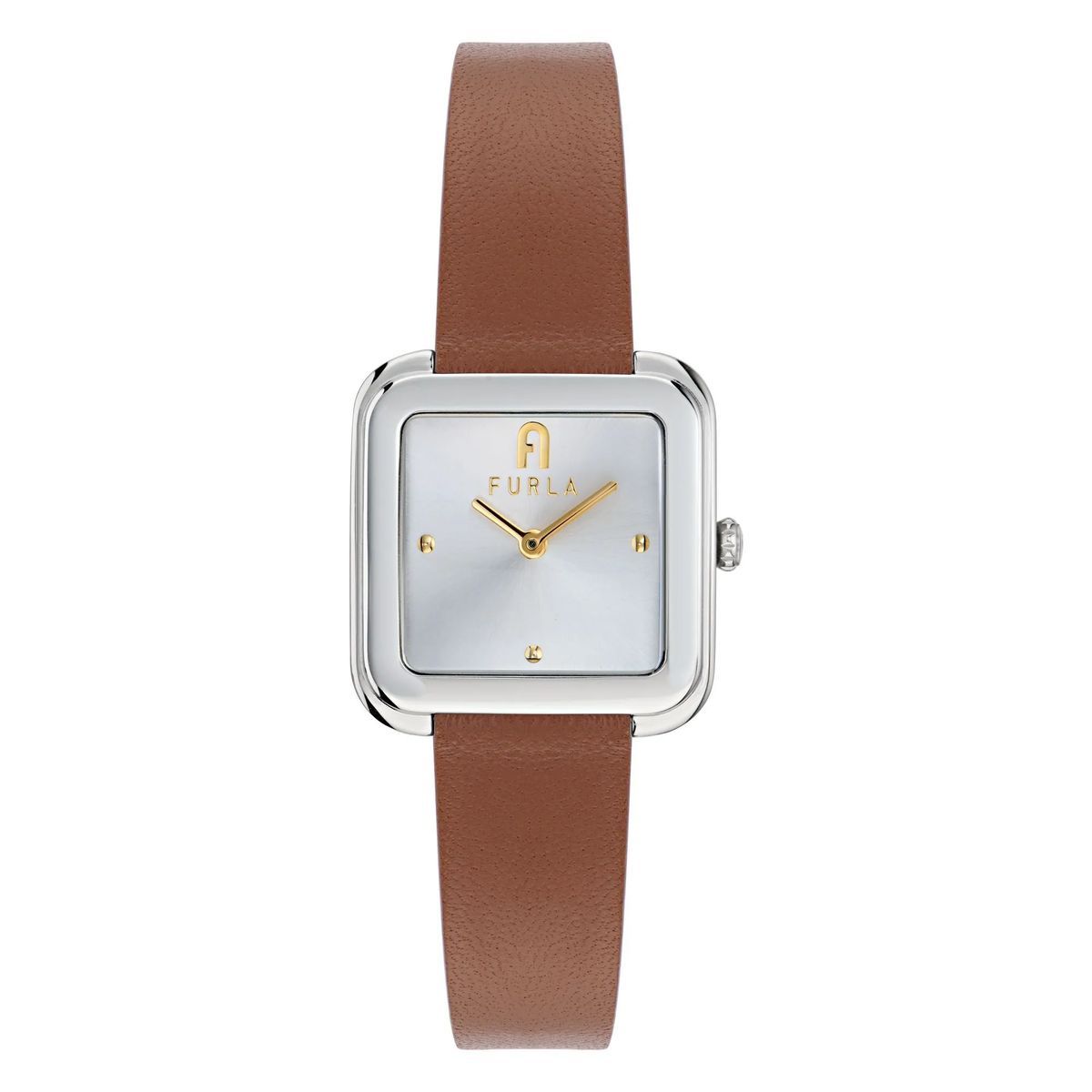 Silberne, quadratische Armbanduhr mit Lederarmband