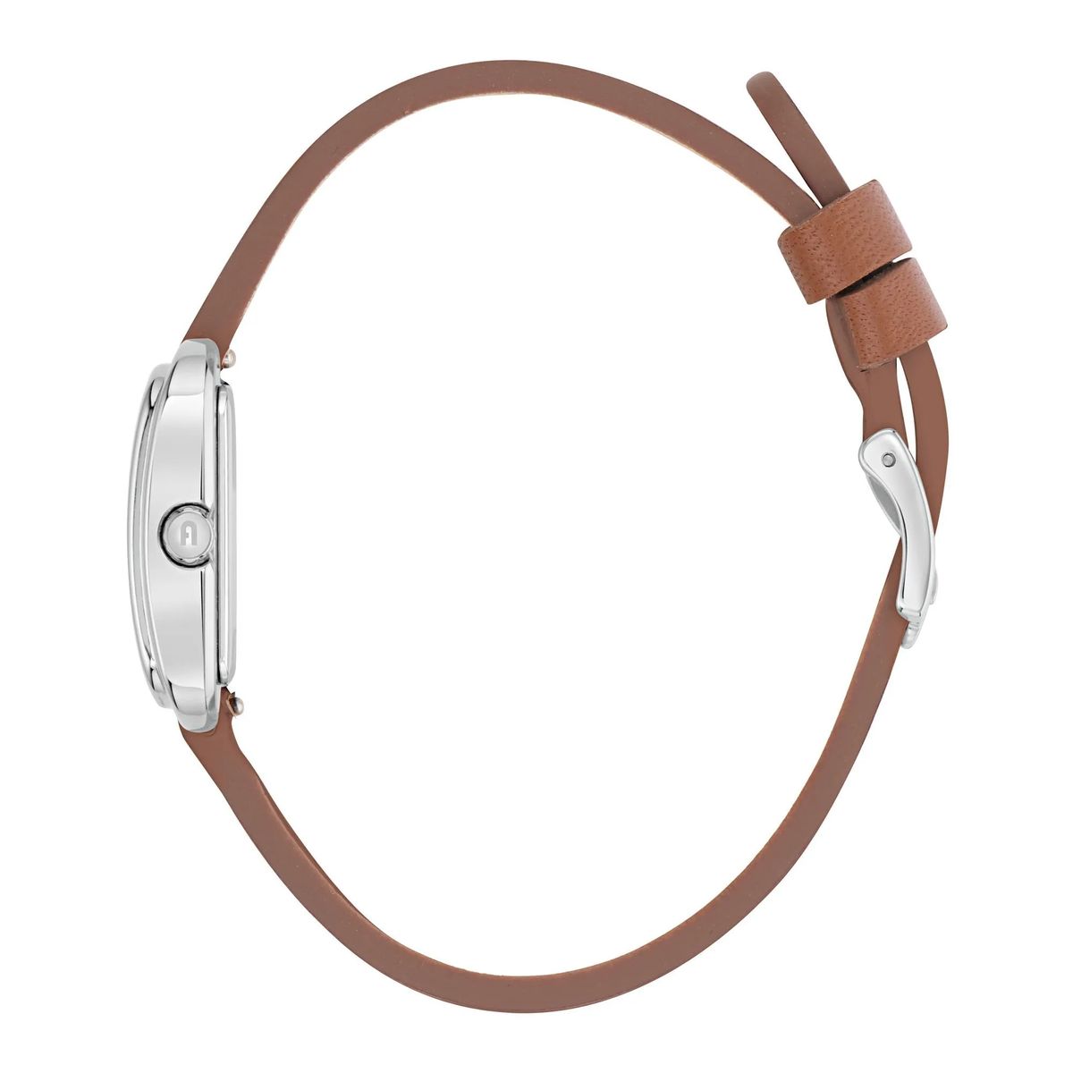 Silberne, quadratische Armbanduhr mit Lederarmband