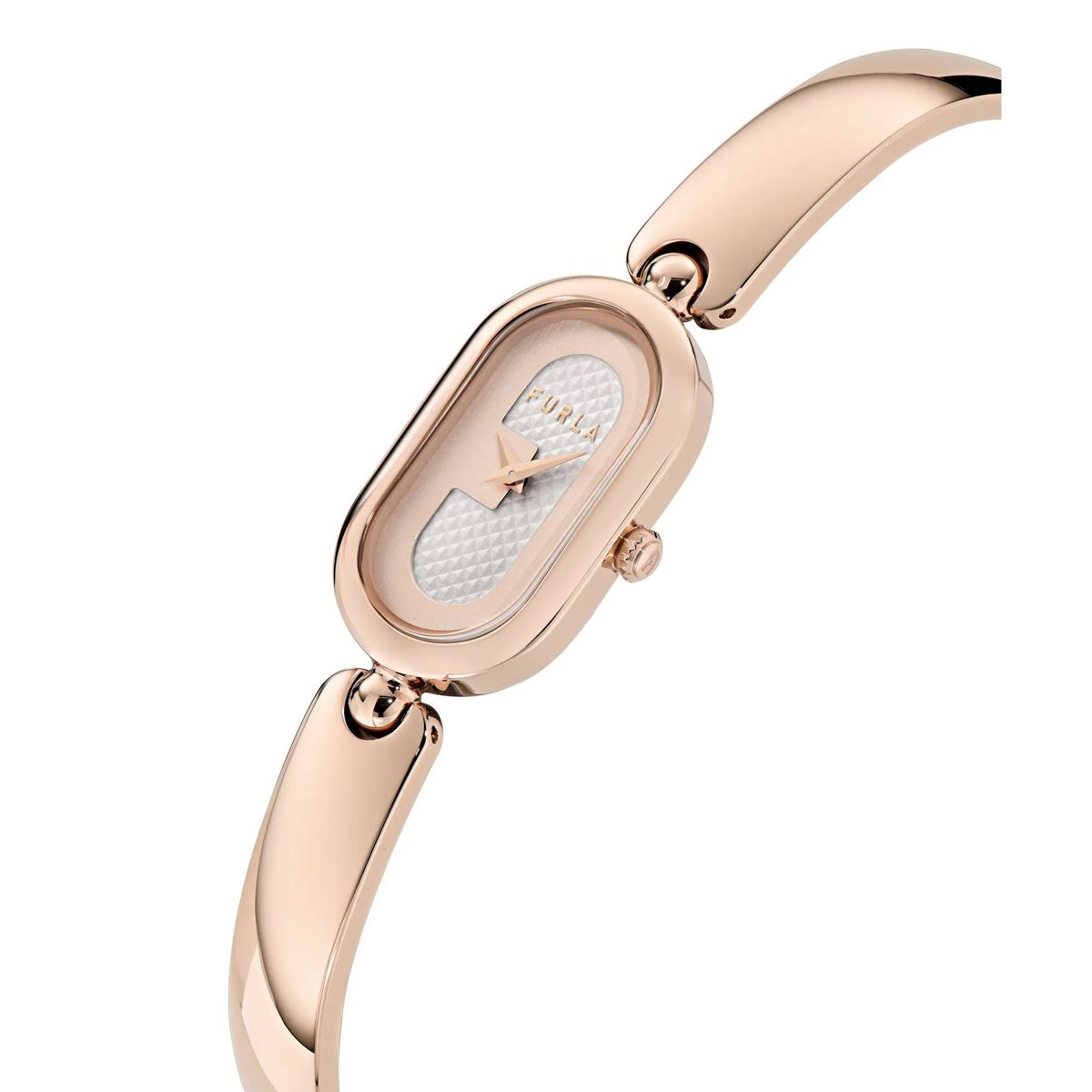 Roségoldene Armreif-Uhr mit gemustertem Zifferblatt