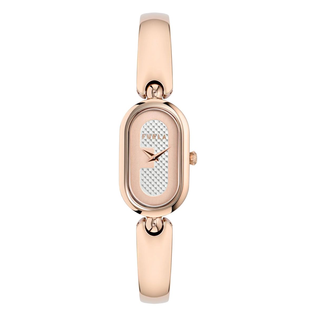 Roségoldene Armreif-Uhr mit gemustertem Zifferblatt