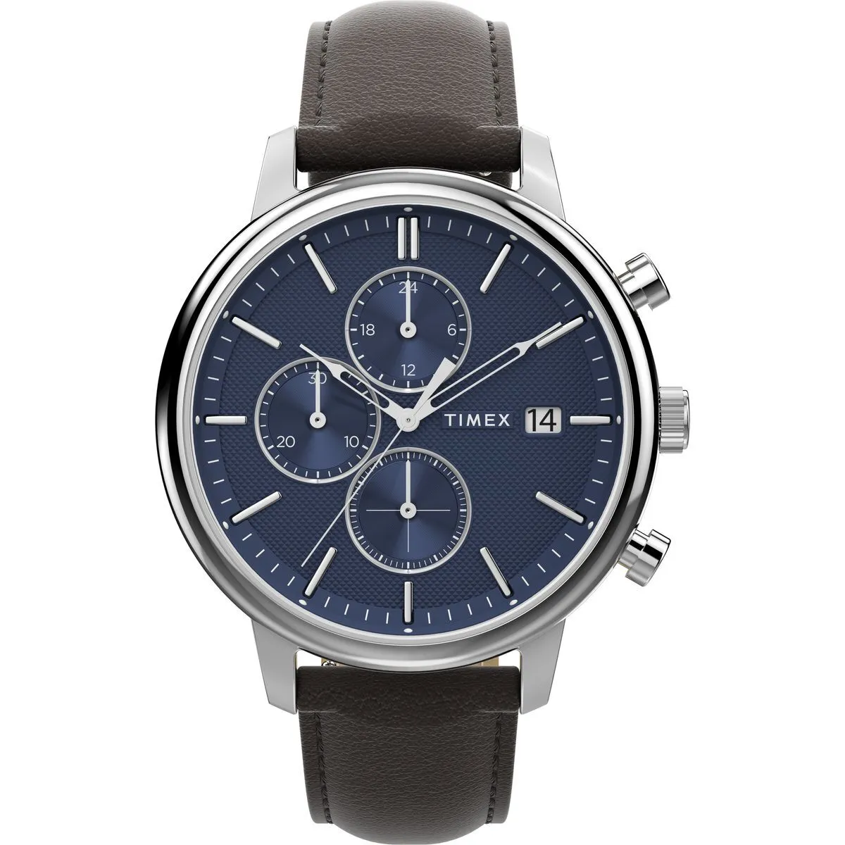 Chronographuhr mit blauem Zifferblatt und braunem Lederarmband