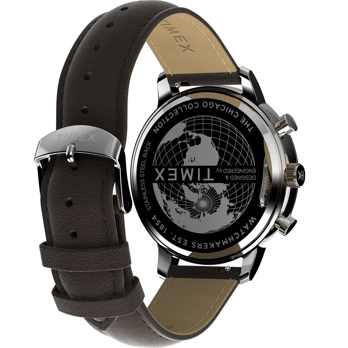 Chronographuhr mit blauem Zifferblatt und braunem Lederarmband