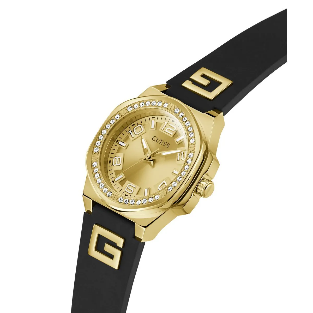 Goldfarbene Damenuhr mit schwarzem Armband