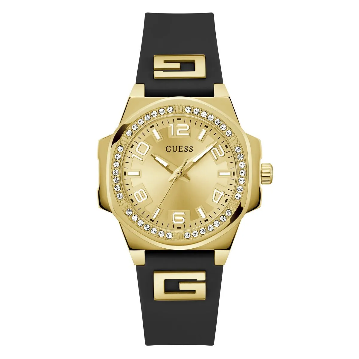 Goldfarbene Damenuhr mit schwarzem Armband