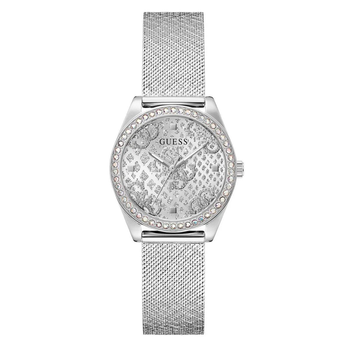 Silberne Mesh-Uhr mit Kristallzifferblatt