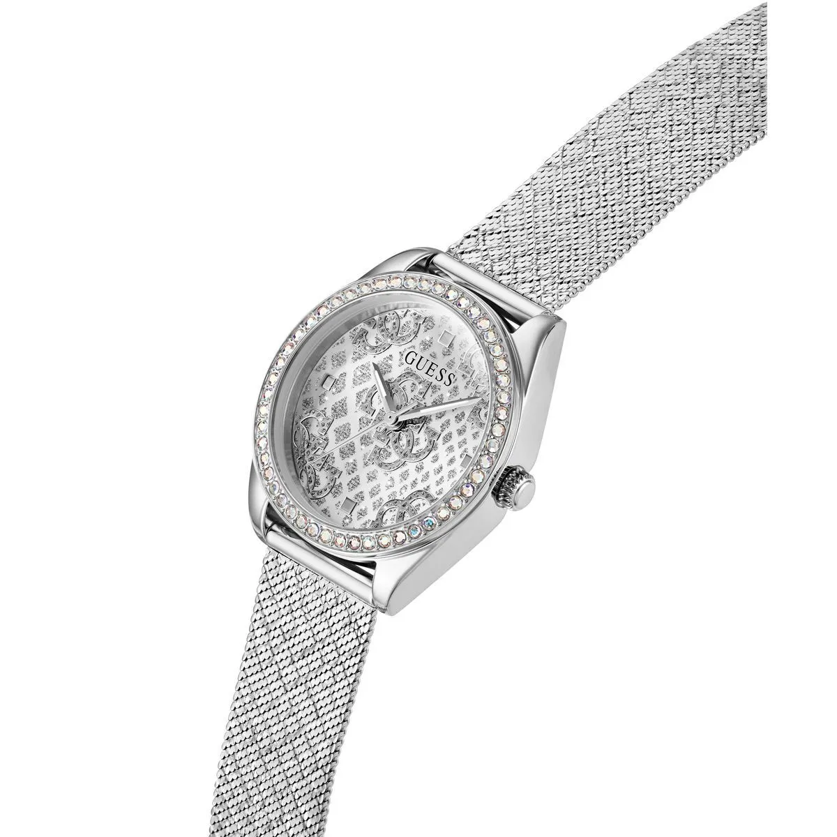 Silberne Mesh-Uhr mit Kristallzifferblatt