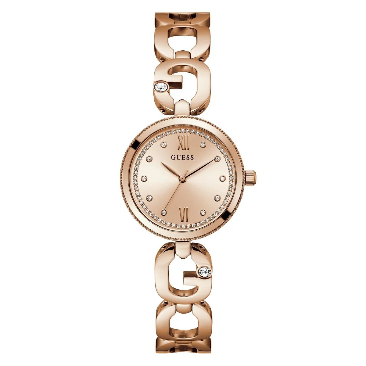 Roségoldene Armbanduhr mit Kristallen