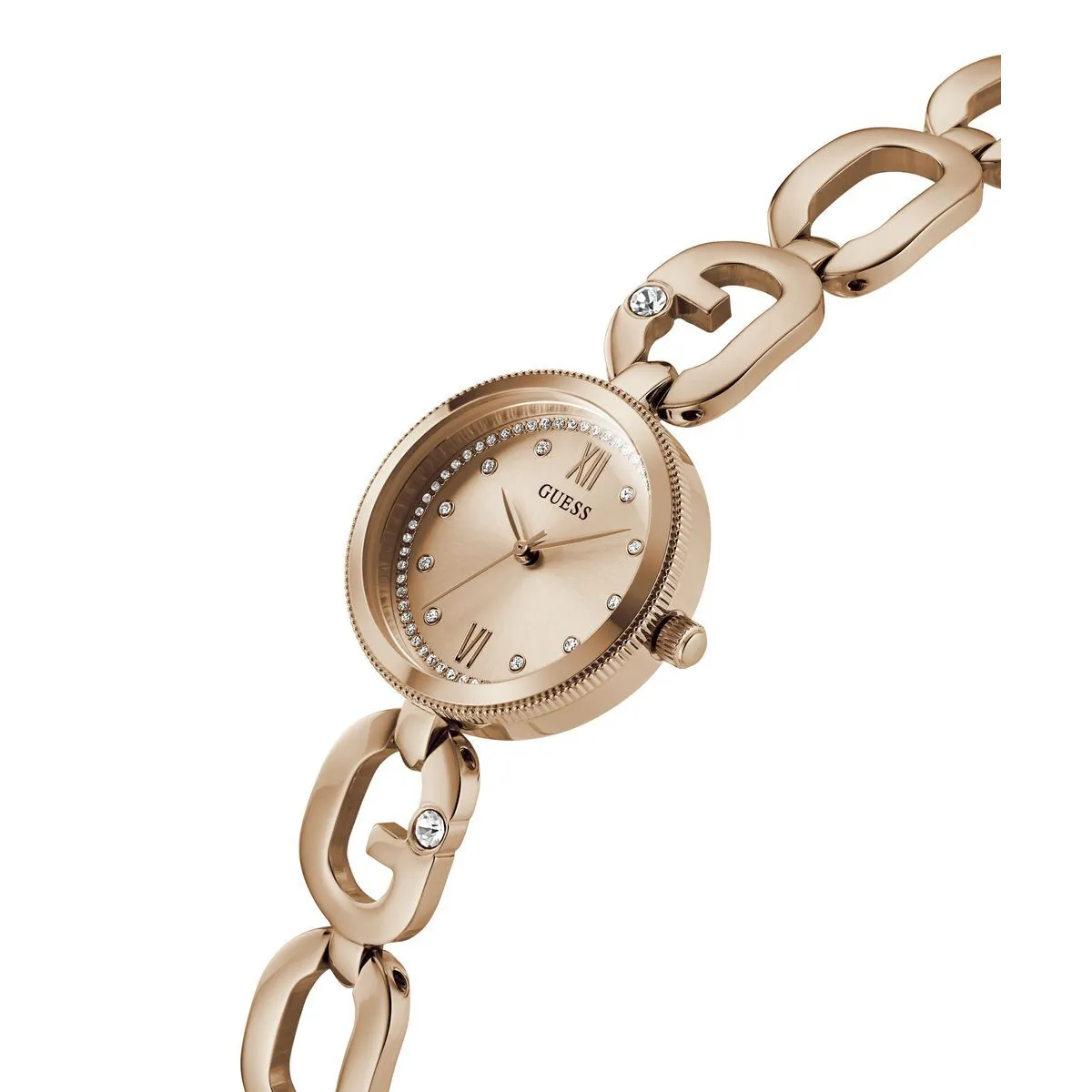 Roségoldene Armbanduhr mit Kristallen