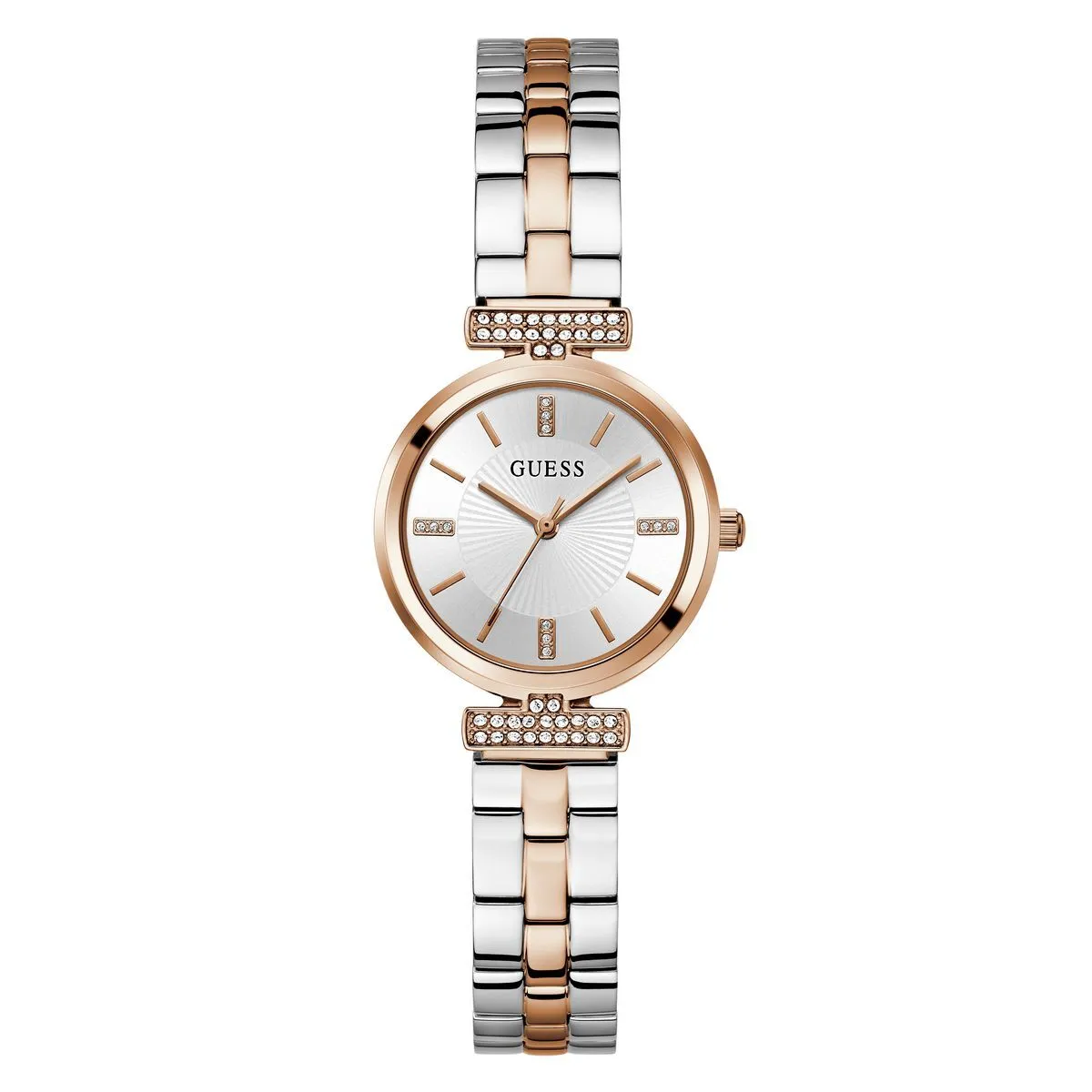 Zweifarbige Armbanduhr mit Kristalldetails