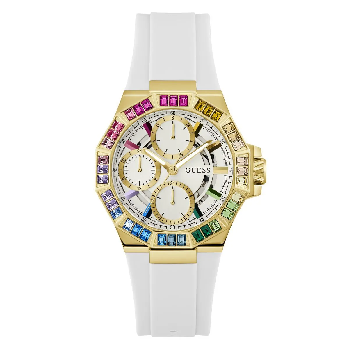 Goldene Uhr mit Regenbogenkristallen