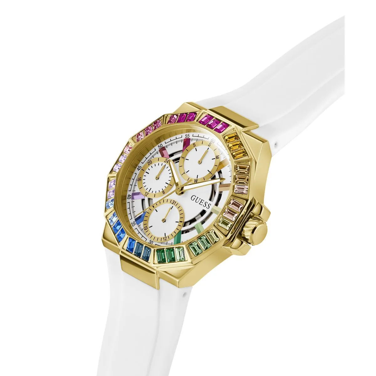 Goldene Uhr mit Regenbogenkristallen