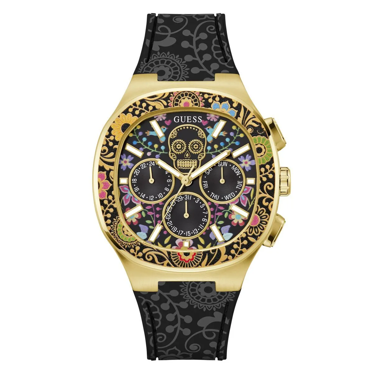 Blumen-Totenkopf-Zifferblatt Tag der Toten Uhr