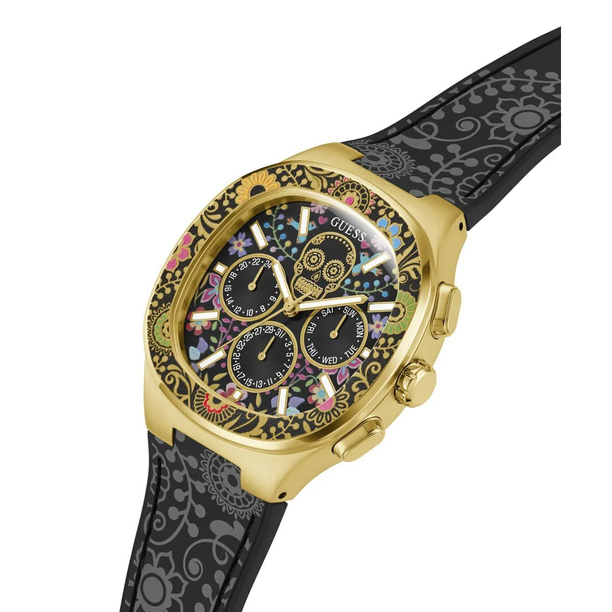 Blumen-Totenkopf-Zifferblatt Tag der Toten Uhr