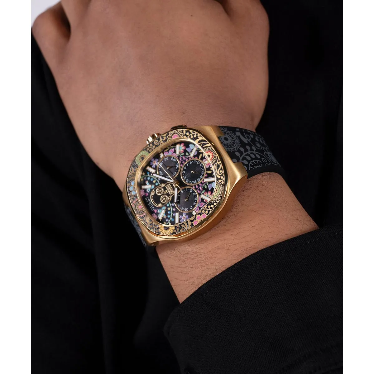 Blumen-Totenkopf-Zifferblatt Tag der Toten Uhr