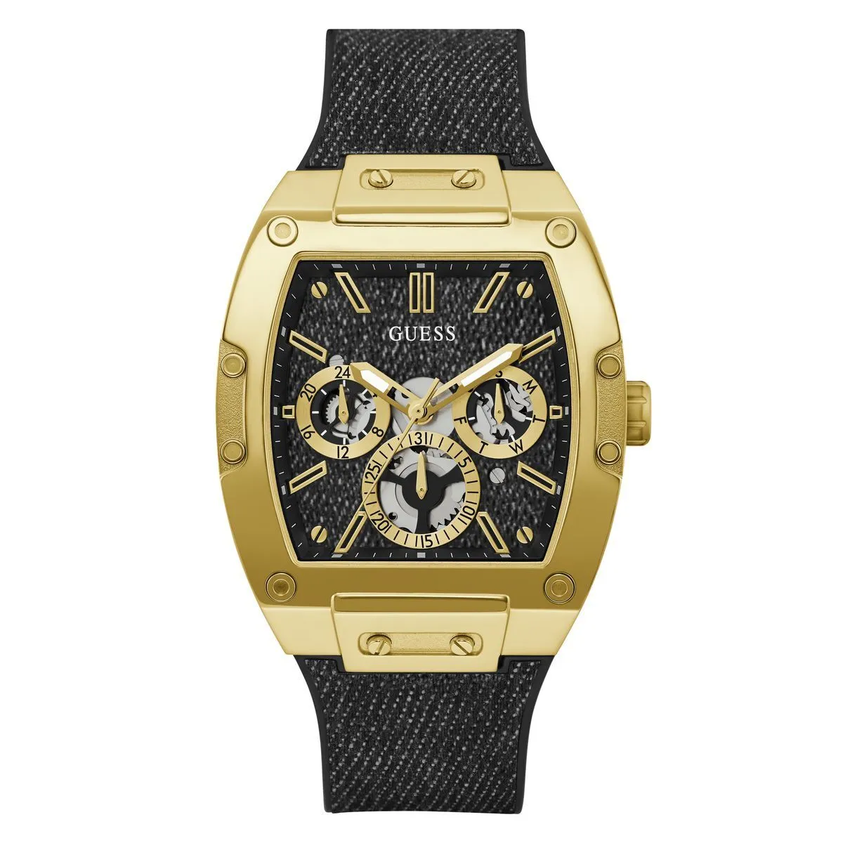 Schwarze Analog Uhr mit Denimarmband