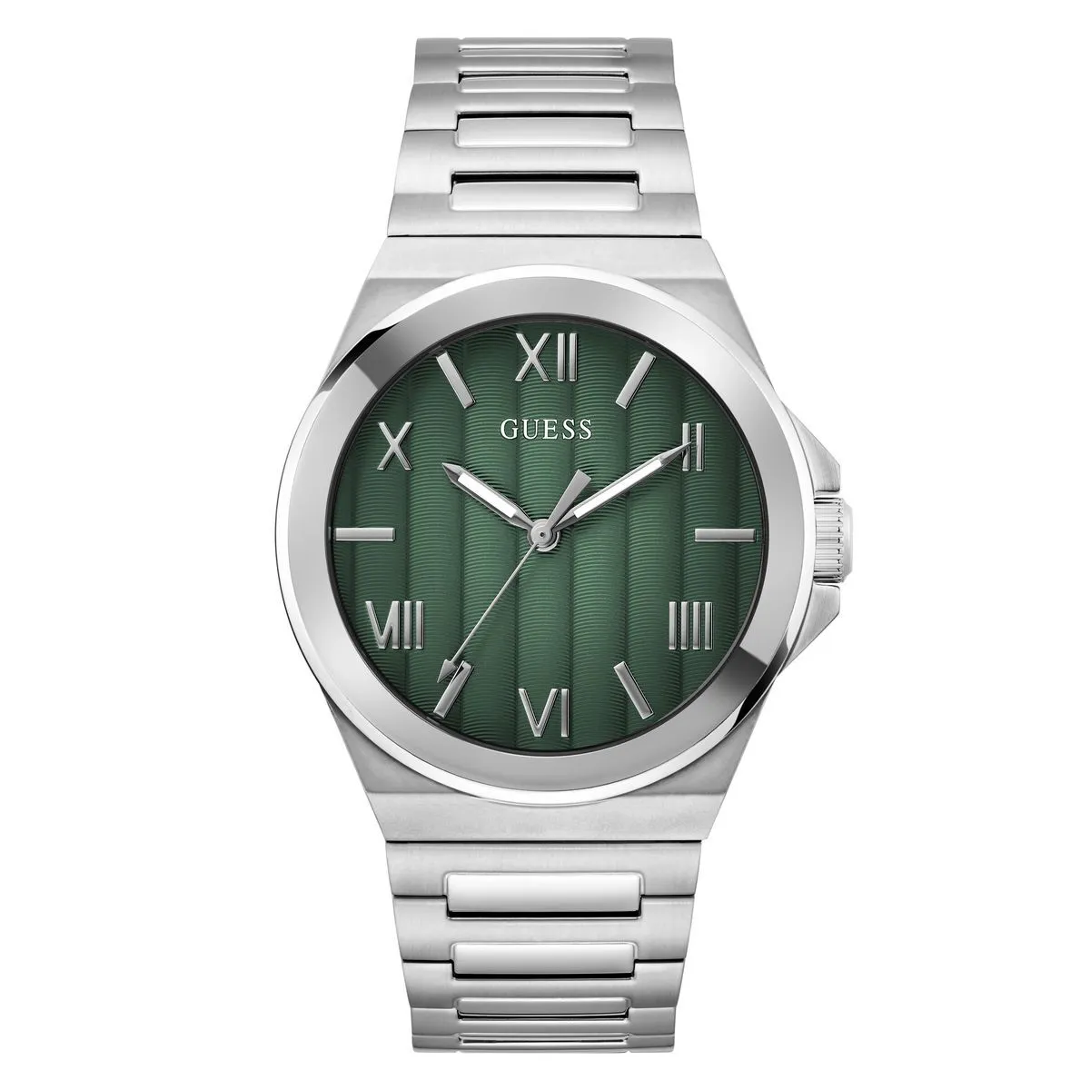 Silberne Edelstahl-Uhr mit grünem Zifferblatt