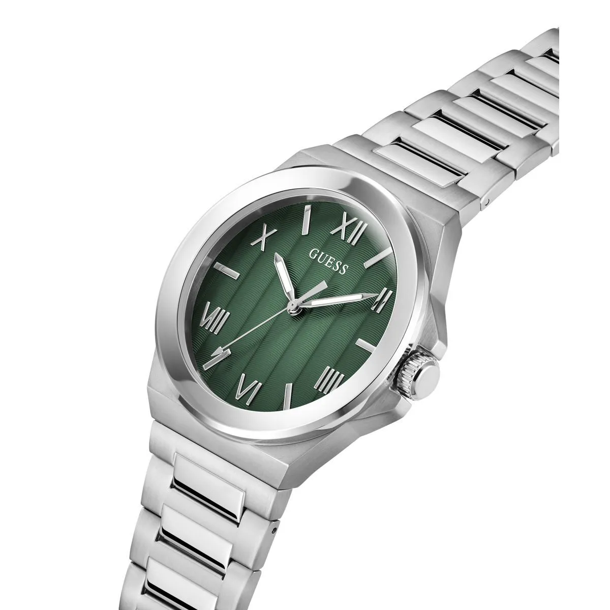 Silberne Edelstahl-Uhr mit grünem Zifferblatt