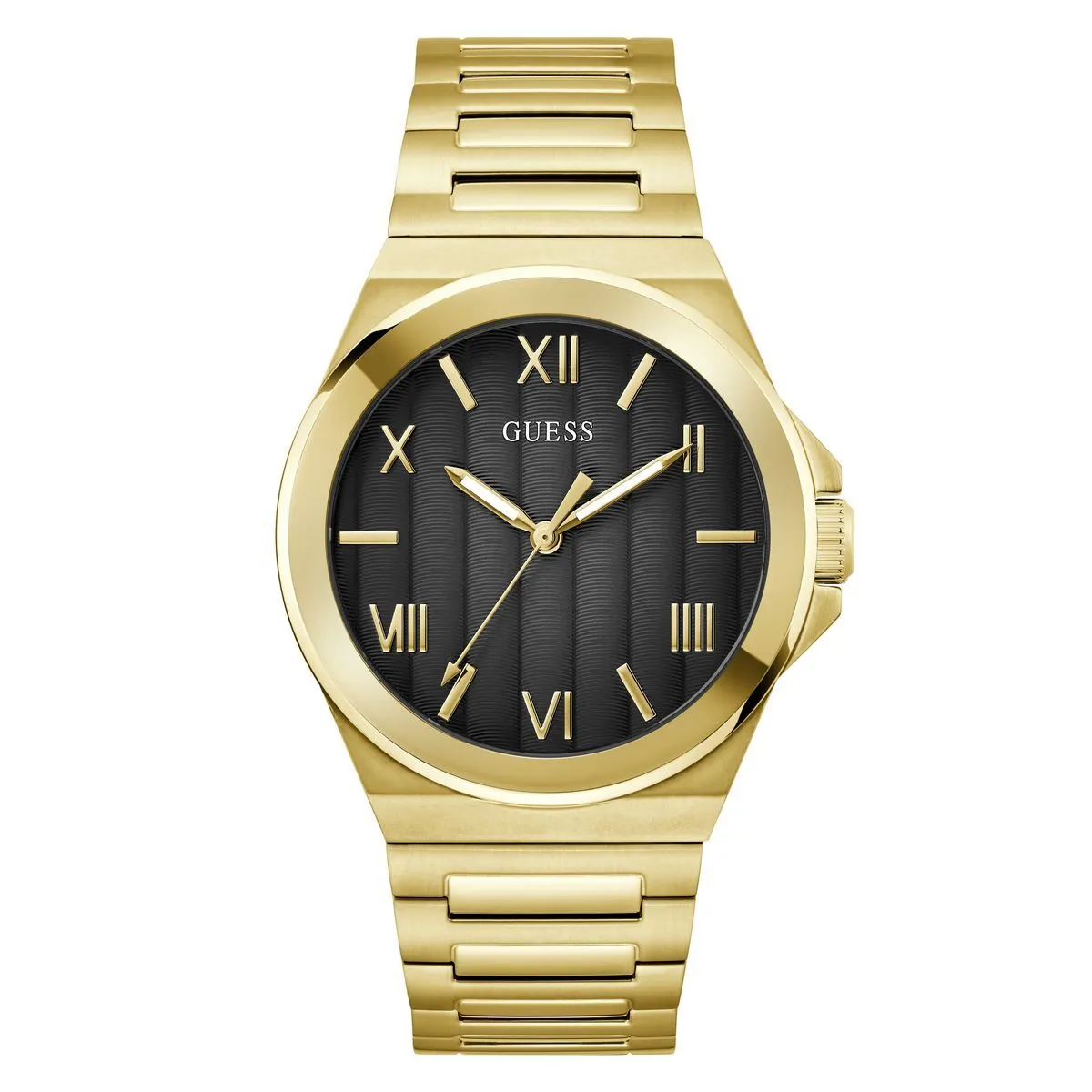 Goldfarbene Uhr mit schwarzem Streifenzifferblatt