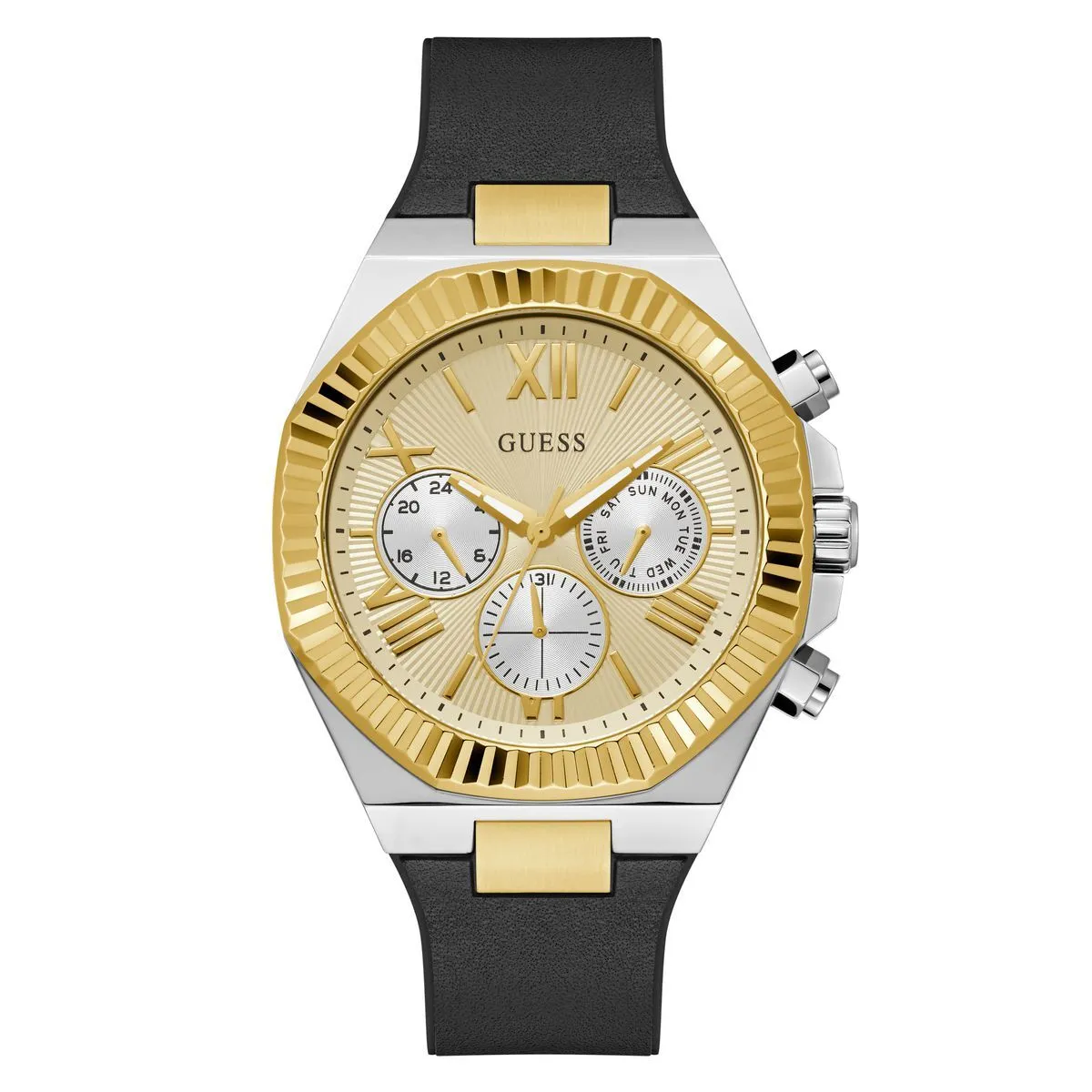 Zweifarbige Multifunktionsuhr mit schwarzem Armband
