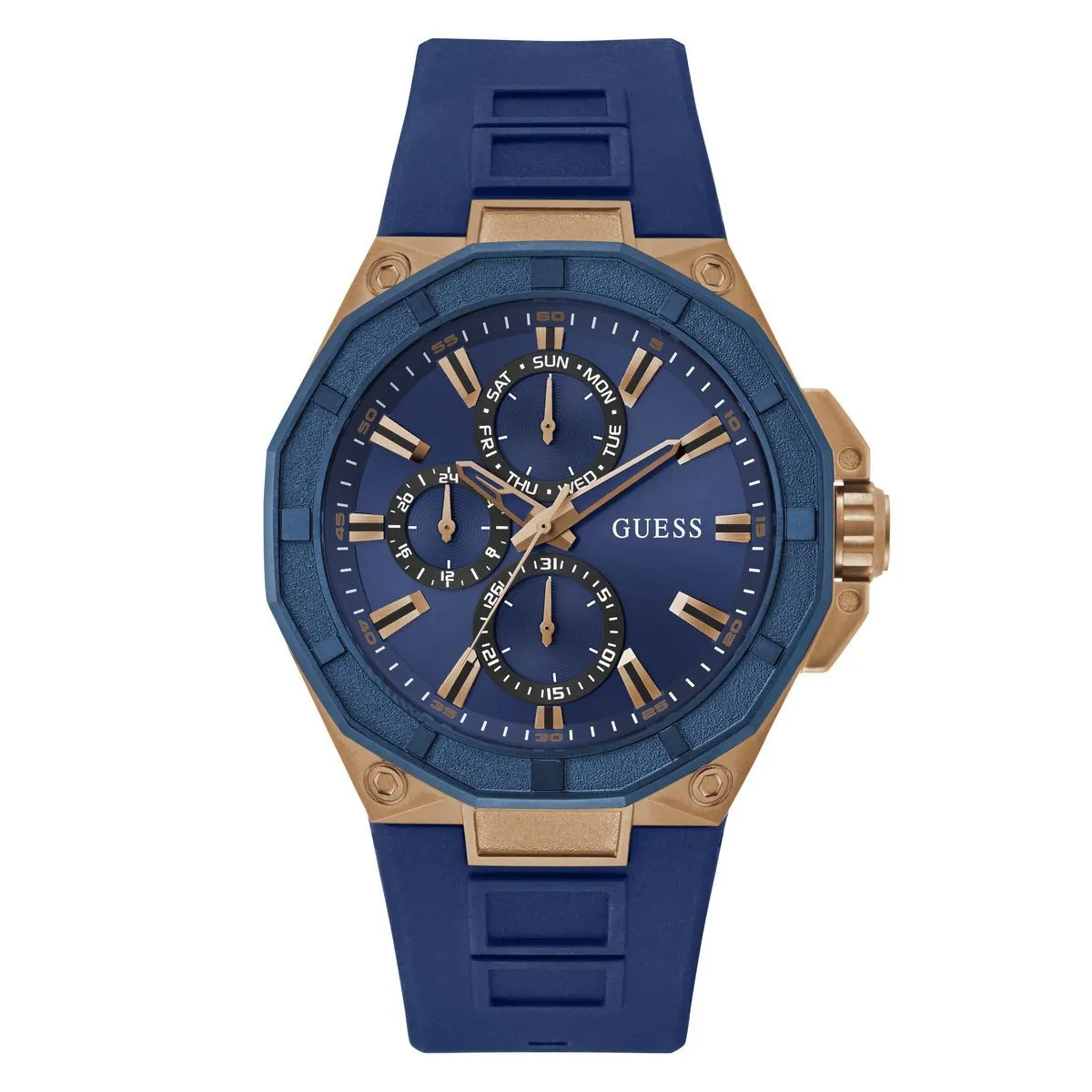 Multifunktionale blaue und roségoldene Uhr