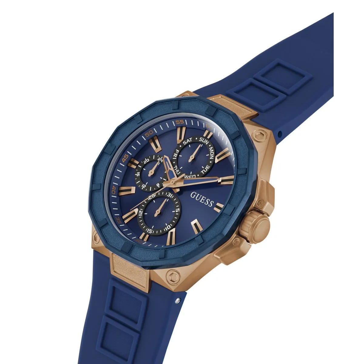 Multifunktionale blaue und roségoldene Uhr