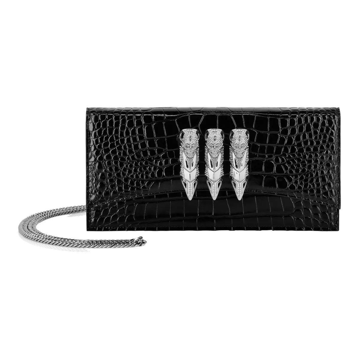 Extravagante Clutch mit Krokoprint und Schädel