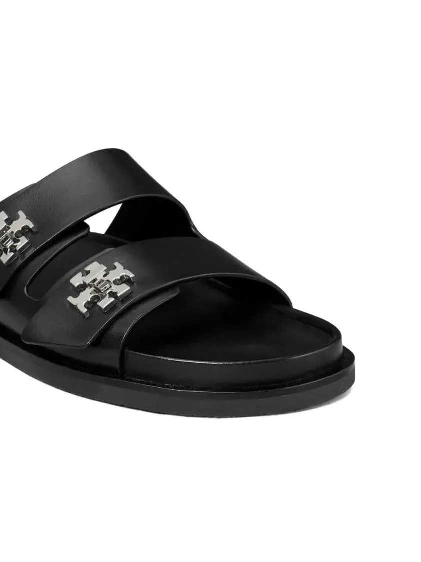 Minimalistische schwarze Doppelriemen-Pantoletten
