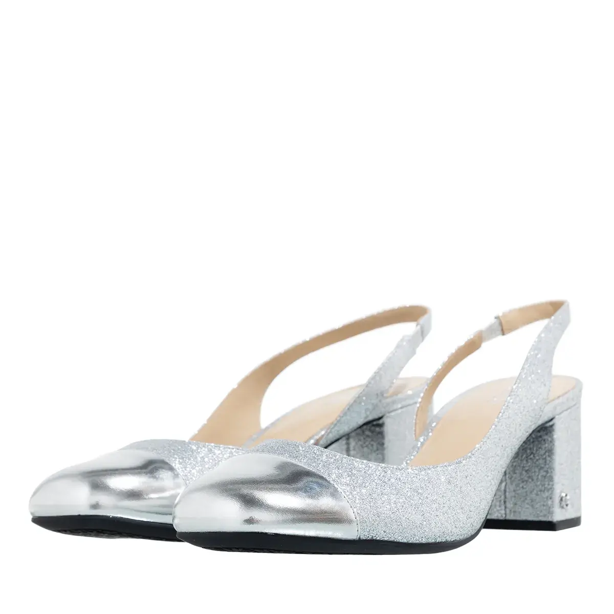 Silberner Glitzer Slingback Blockabsatz