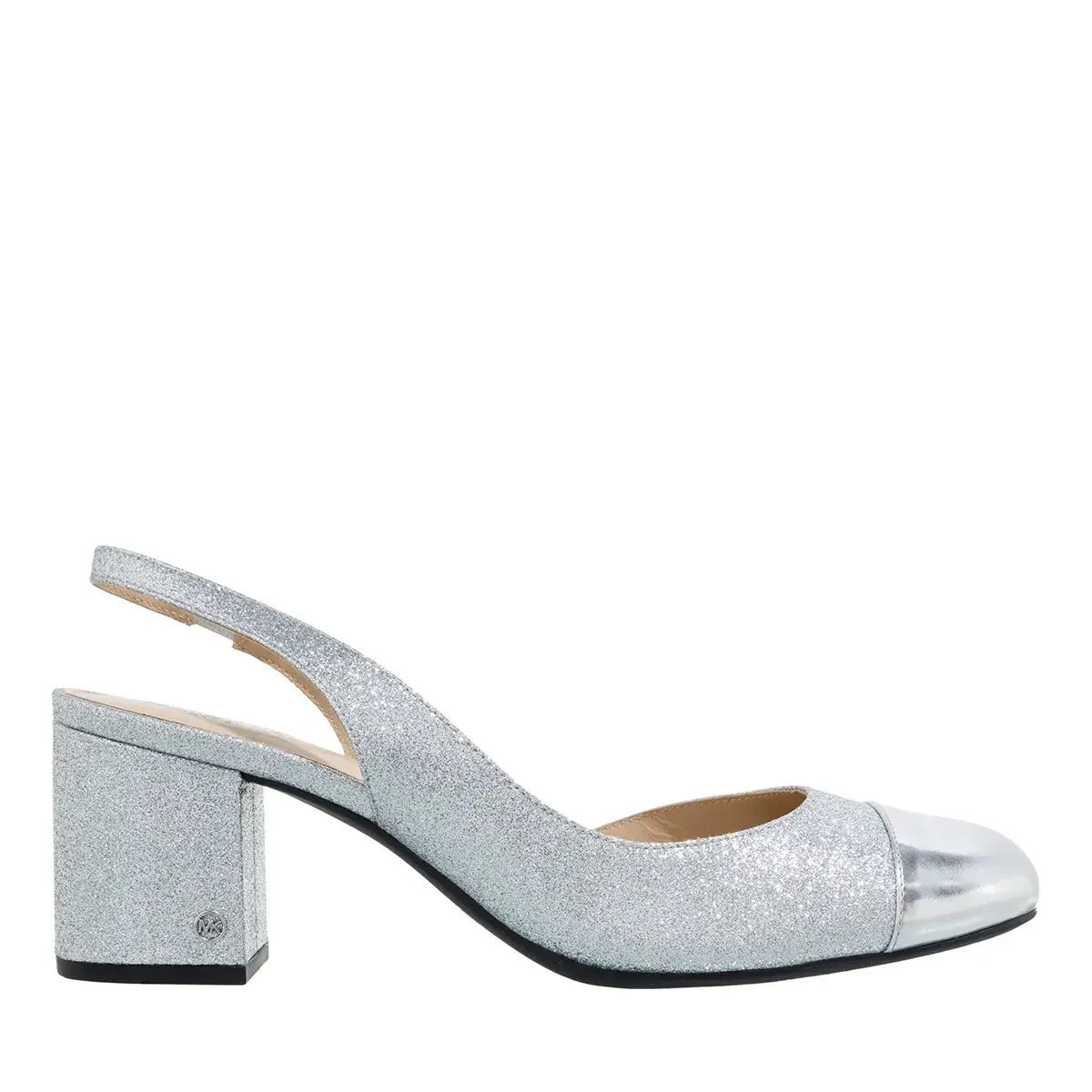 Silberner Glitzer Slingback Blockabsatz