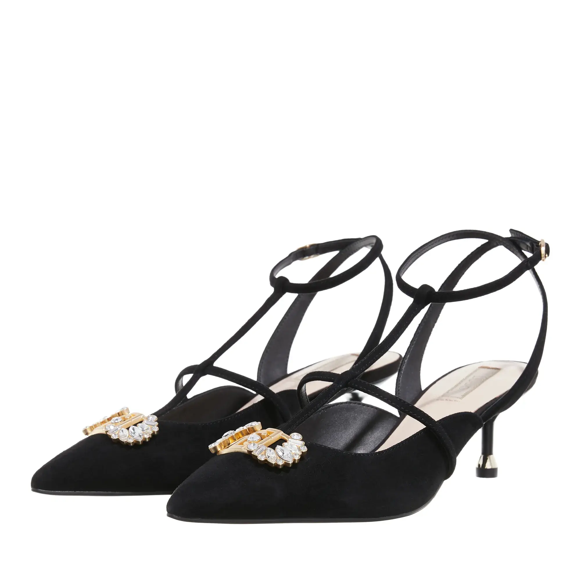Kitten Heels mit Strass und T-Riemen